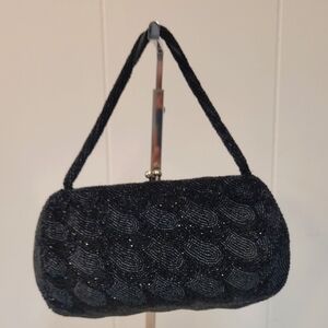 Vintage Black/Silver Beaded Wristlet Kiss Close Satin Lined Made in Belgium